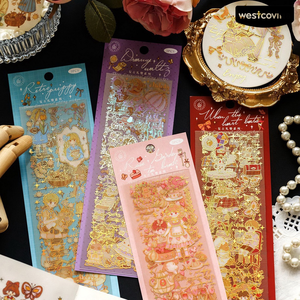 [WSTN]✎Bộ 3 Tấm Hình Dán 3D Phong Cách Vintage Trang Trí Sổ Tay