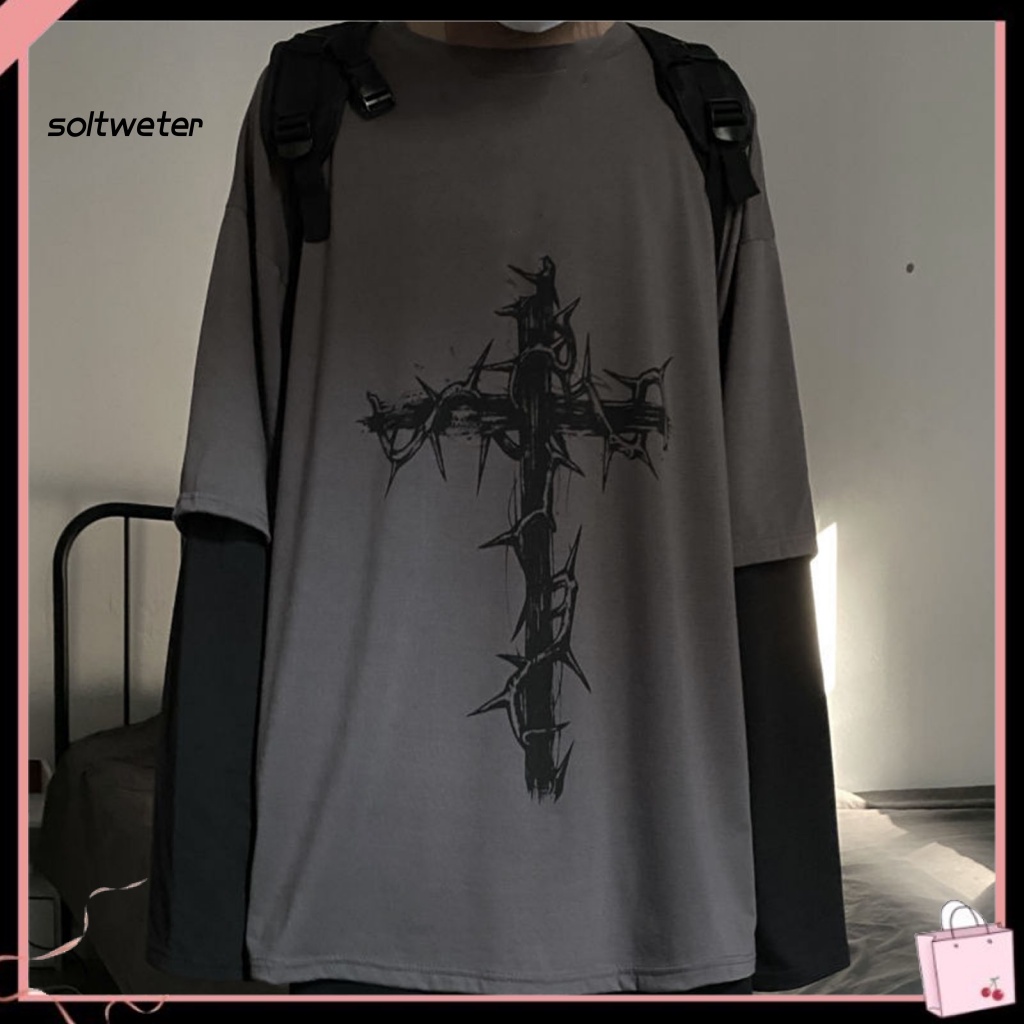 Áo Thun Giả Hai Lớp Màu Tối In Chữ Thập Phong Cách Hip hop Thời Trang Mùa Hè Cho Nam