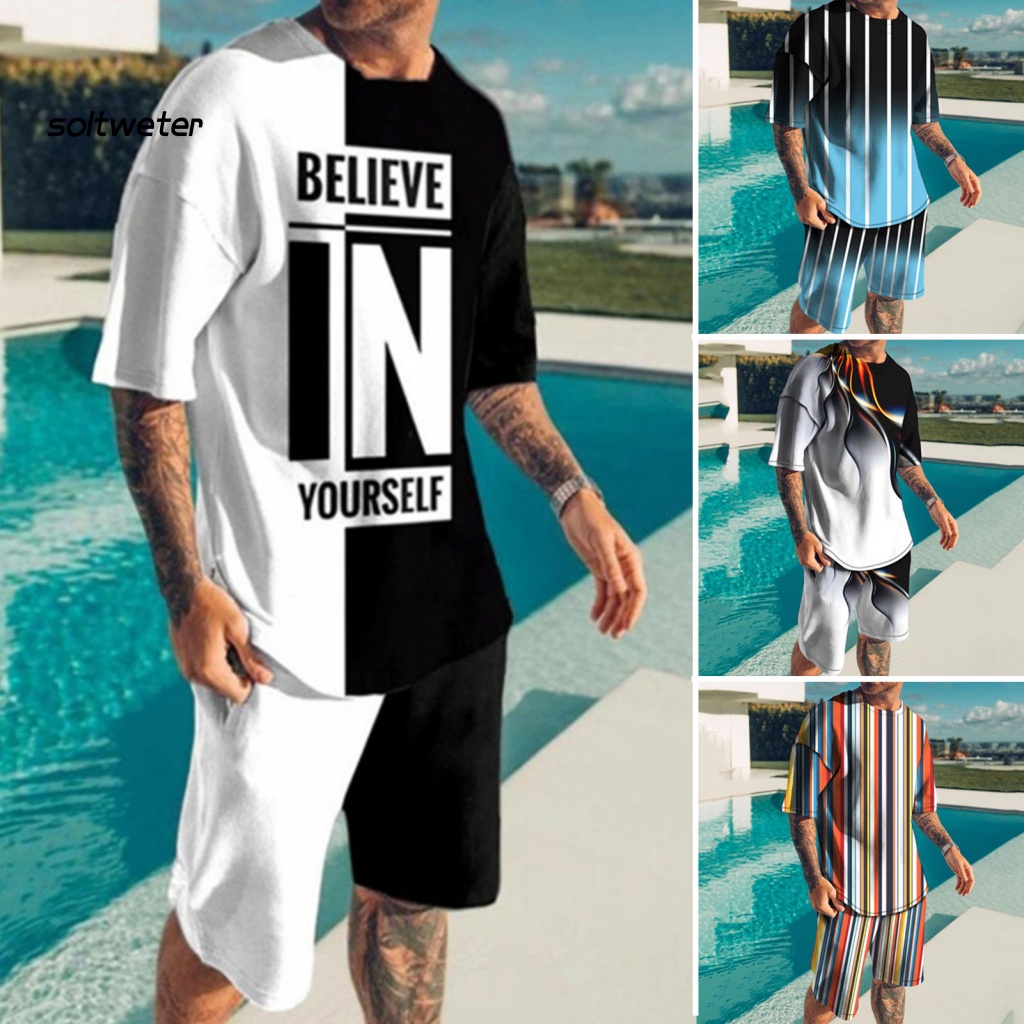 Set Đồ Mùa Hè 2 Món Gồm Áo Thun Tay Cộc Cổ Tròn Có Túi In Họa Tiết Kẻ Sọc 3D + Quần Shorts Cho Nam