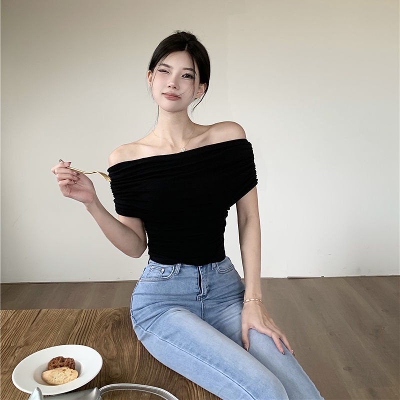 COZOK Áo Thun Ngắn Tay Trễ Vai Thiết Kế Mỏng Quyến Rũ Thời Trang