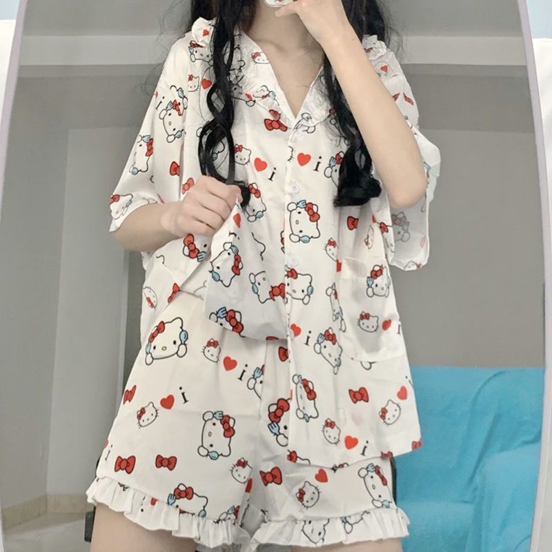 Bộ Đồ Ngủ Tay Ngắn In Hoạt Hình Hello Kitty Phong Cách Nhật Bản Thời Trang Mùa Hè Xinh Xắn Cho Nữ