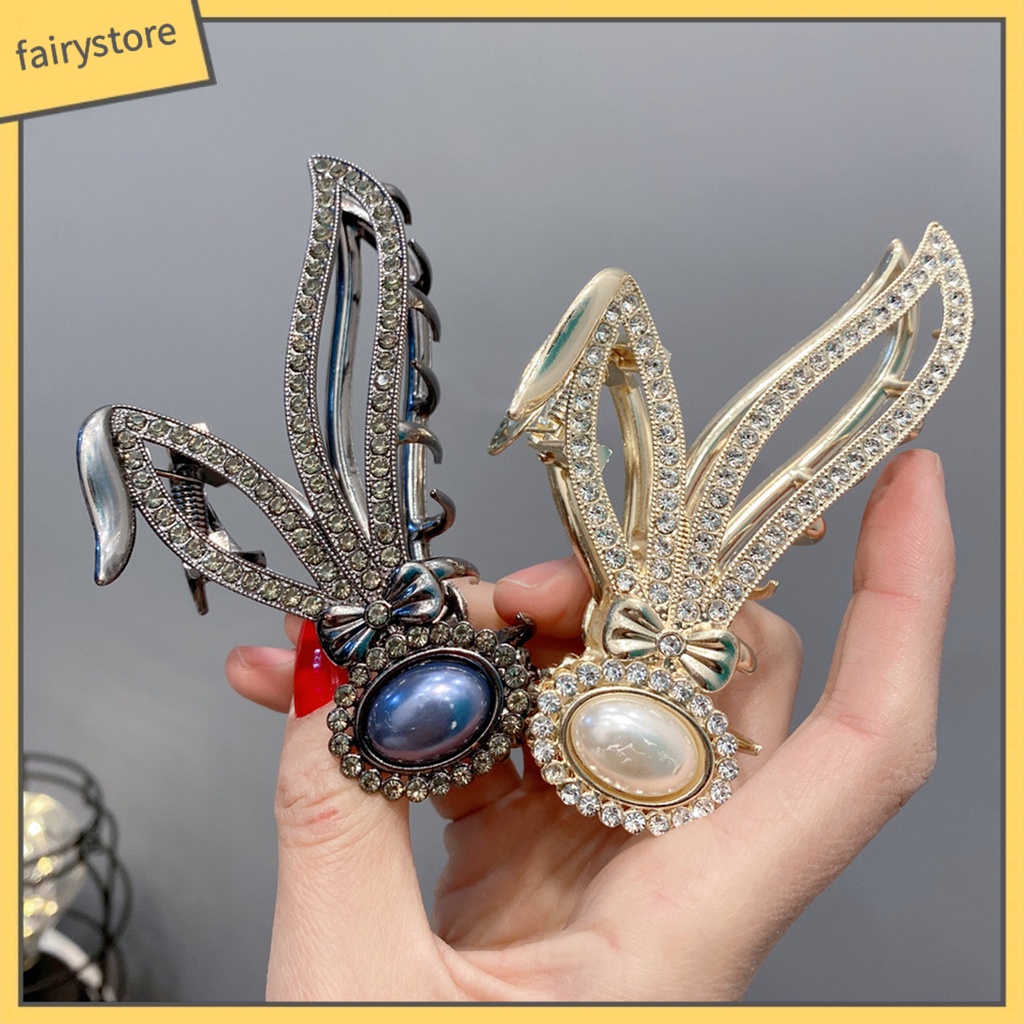 Kẹp Tóc Càng Cua Đính Đá Và Ngọc Trai Giả Hình Tai Thỏ Bằng Thép Không Gỉ