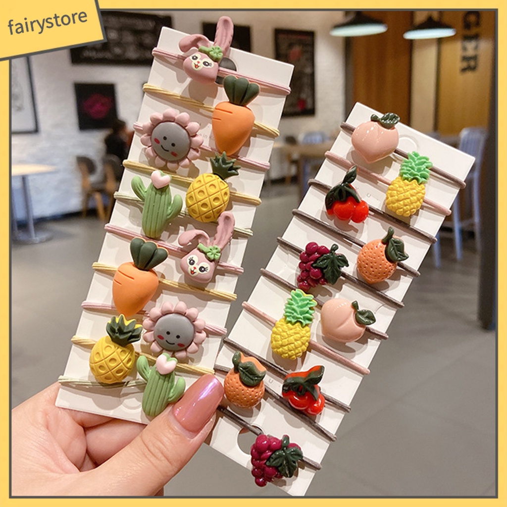 Set 10 Dây Cột Tóc Họa Tiết Động Vật / Trái Cây Hoạt Hình Dễ Thương