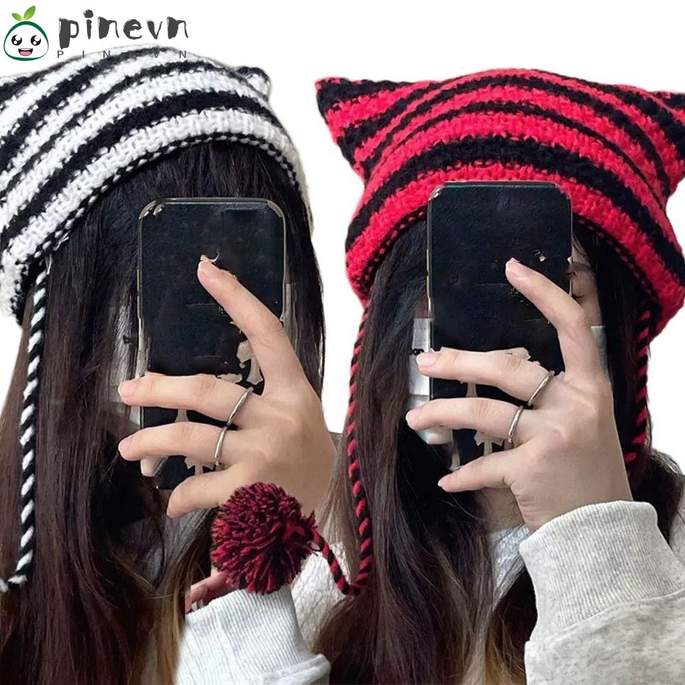 Mũ beanie Dệt Kim Đính Tai Quỷ Nhỏ Dễ Thương Phong Cách Nhật Bản