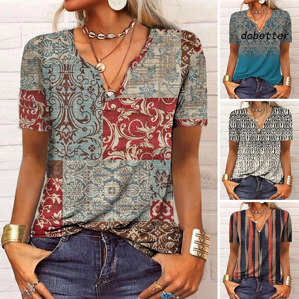 Áo Sơ Mi Tay Ngắn Cổ Chữ V Thoáng Khí In Họa Tiết Vintage Thời Trang Mùa Hè Cho Nữ