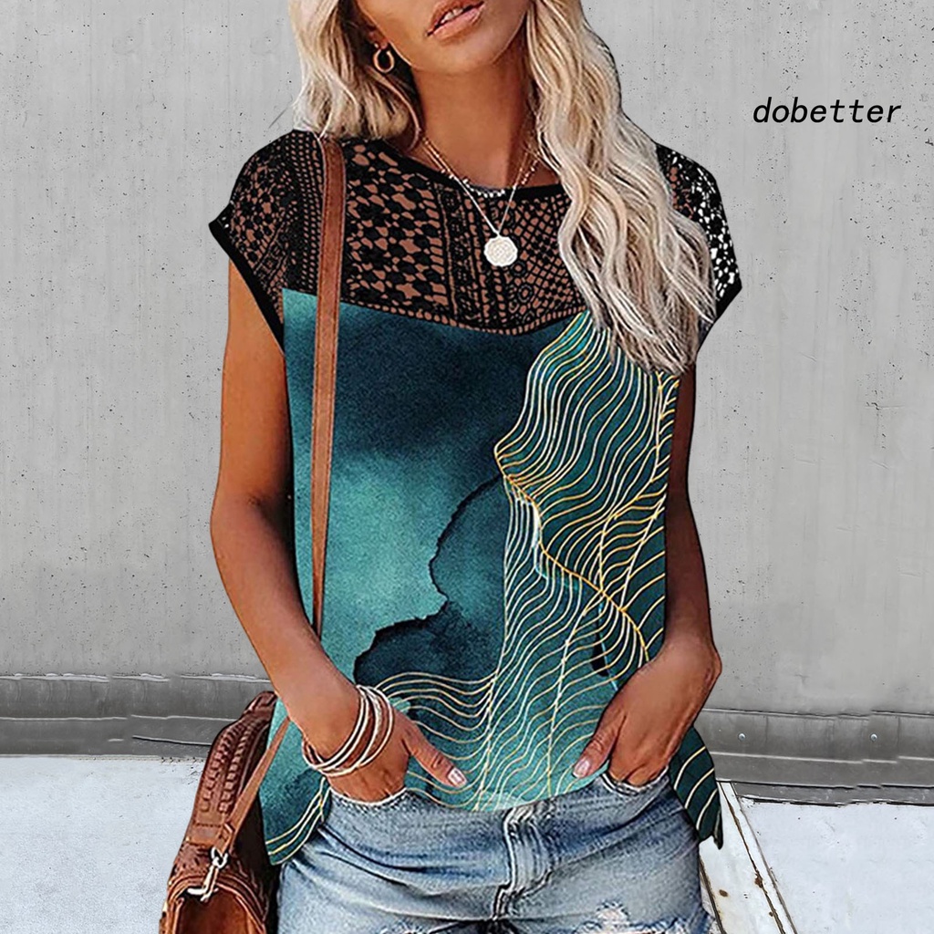 [DO] Áo Thun Tay Ngắn Cổ Tròn Phối Ren Rỗng Màu Trơn In Hình Dating Thời Trang Mùa Hè Dành Cho Bạn Nữ