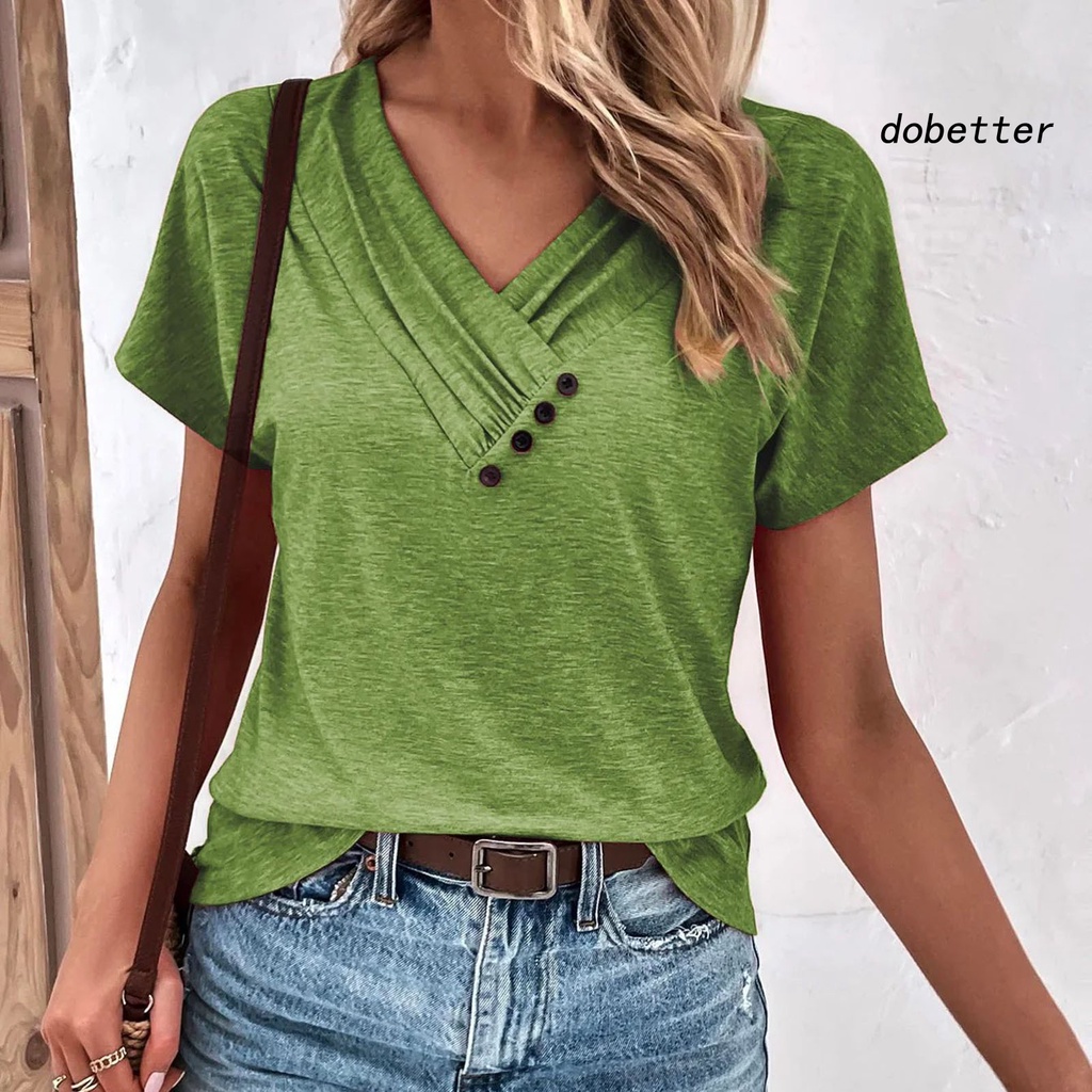 [DO] Áo Thun Tay Ngắn Cổ Chữ V Màu Trơn Mềm Mại Thoáng Khí Có Nút Trang Trí Đơn Giản Dành Cho Nữ Mùa Hè