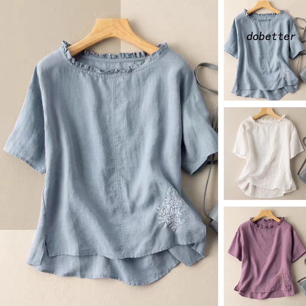 Áo Thun Ngắn Tay Cổ Tròn Thêu Hoa Màu Trơn Thời Trang Mùa Hè Cho Nữ