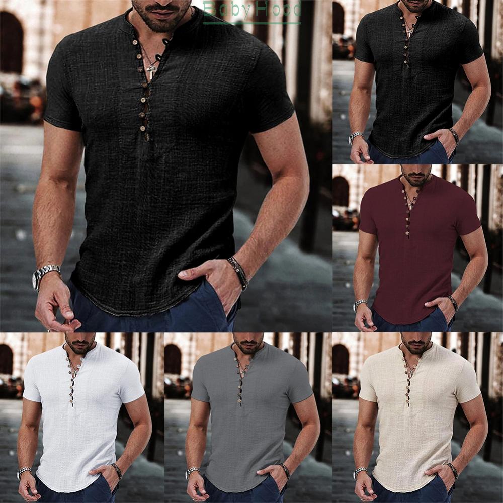 Mens Henley V Neck Casual Short Sleeve Shirt Button Down Blouse T Shirt Loose Fit Top#BBHOOD
