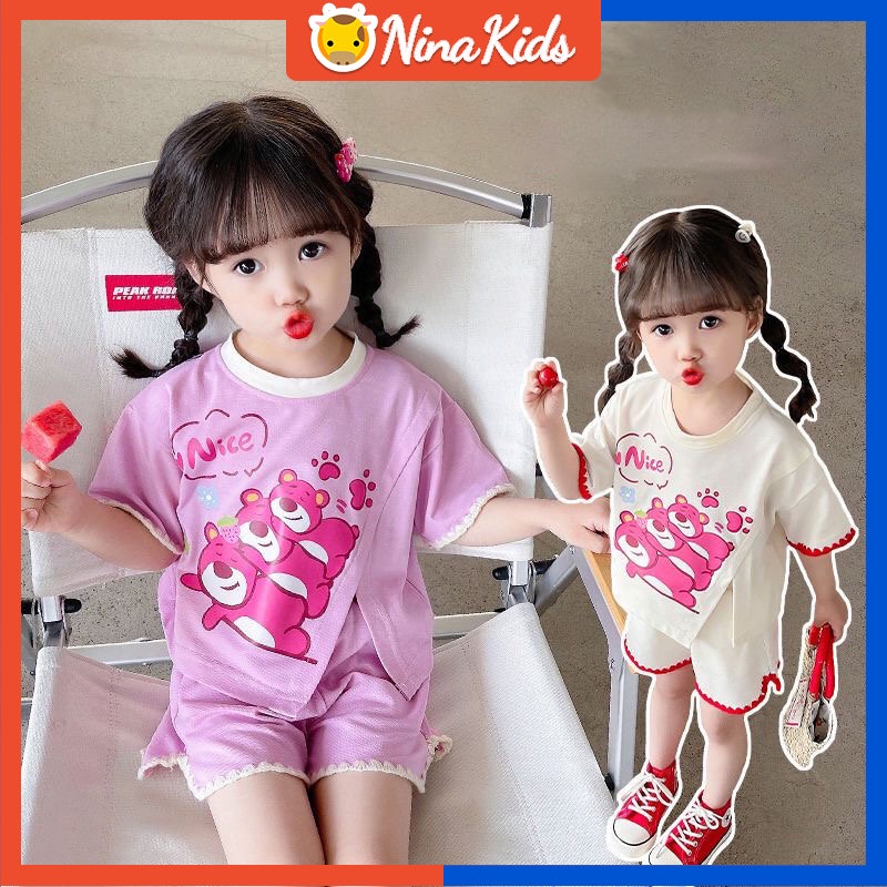 Bộ Áo Thun In Hình Gấu Dễ Thương Kèm Quần Ngắn Thời Trang Mùa Hè Cho Bé Gái 2-9 Tuổi