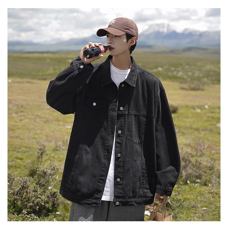 Áo Khoác Denim Phối Túi Kiểu Retro Đường Phố Nhật Bản Thời Trang Xuân Thu Cho Nam