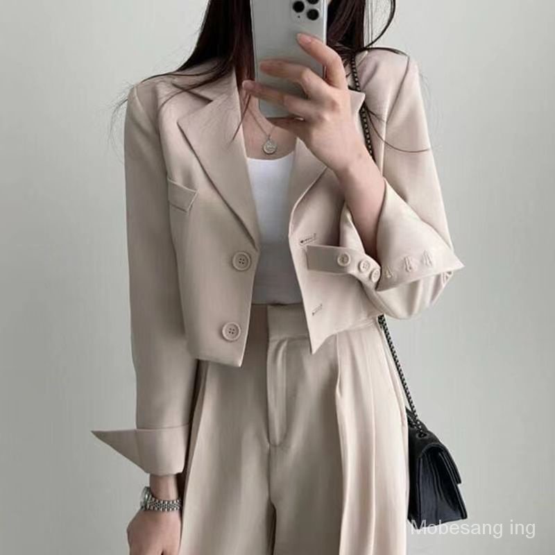 Áo Khoác Ngắn Dáng Rộng Cài Hai Hàng Nút + Quần Dài Lưng Cao Ống Rộng Phong Cách Hàn Quốc Thời Trang Cho Nữ