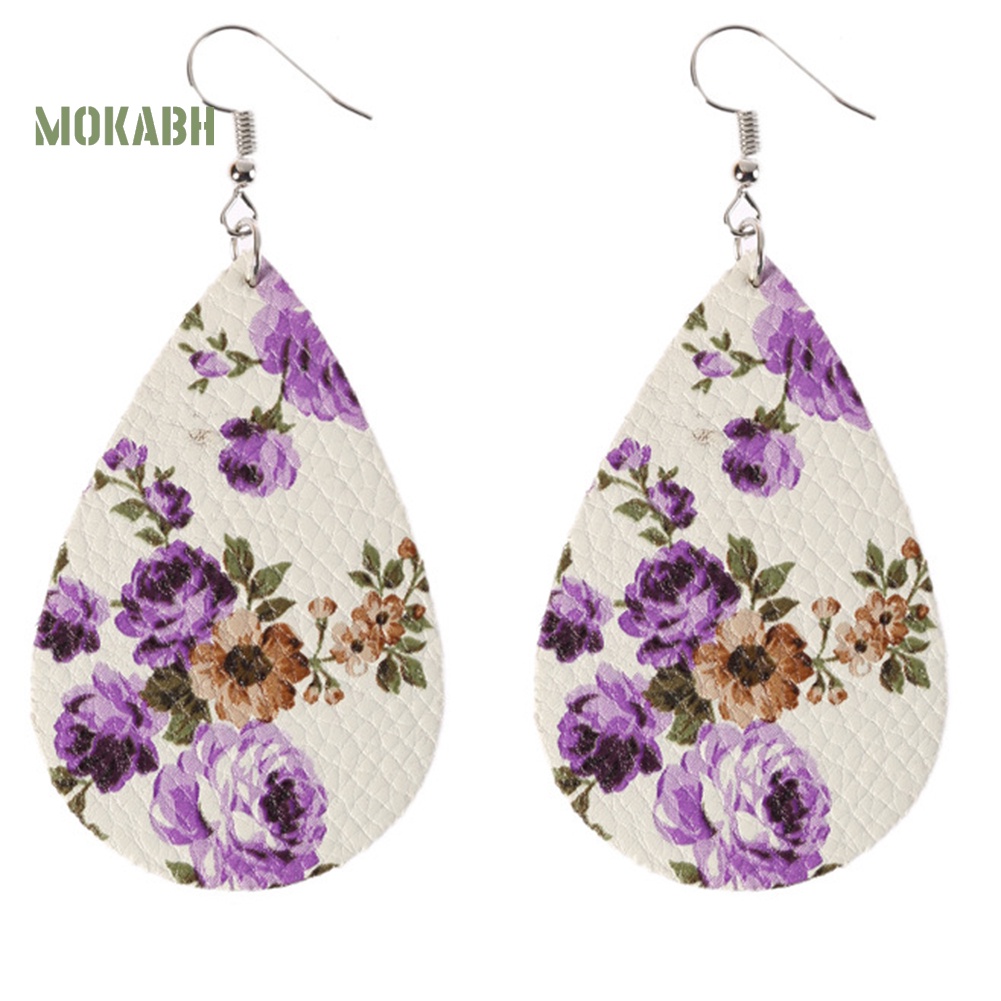 Abh Bông Tai Móc Hình Giọt Nước Họa Tiết Hình Hoa Bằng Chất Liệu Giả Da Theo Phong Cách Boho