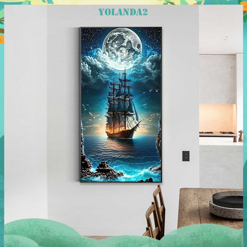 Tranh Đính Đá Kim Cương Toàn Bộ 5D DIY Hình Vẽ Thuyền Buồm Trang Trí Nhà Cửa