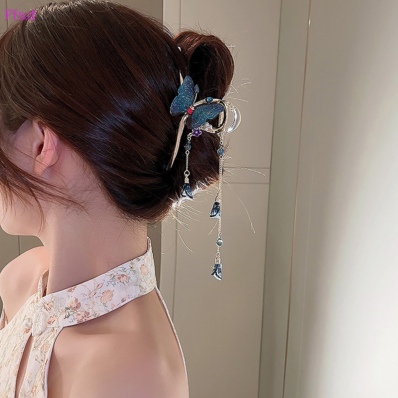 {Ffsd} Kẹp Tóc Kim Loại Hình Bướm Đính Kim Cương Pha Lê Tua Rua Hàn Quốc Cho Nữ * Bán Chạy