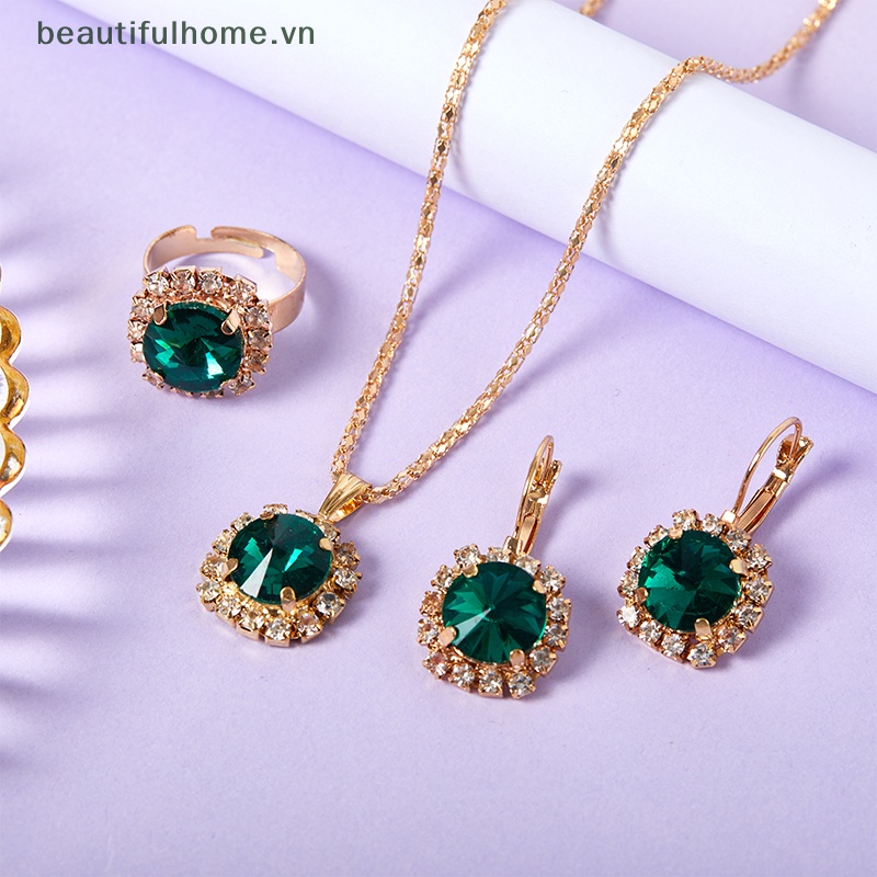 1 Set Vòng cổ + Nhẫn + Bông Tai Pha Lê Tròn Nhiều Màu Thời Trang Hàn Quốc Cho Nữ