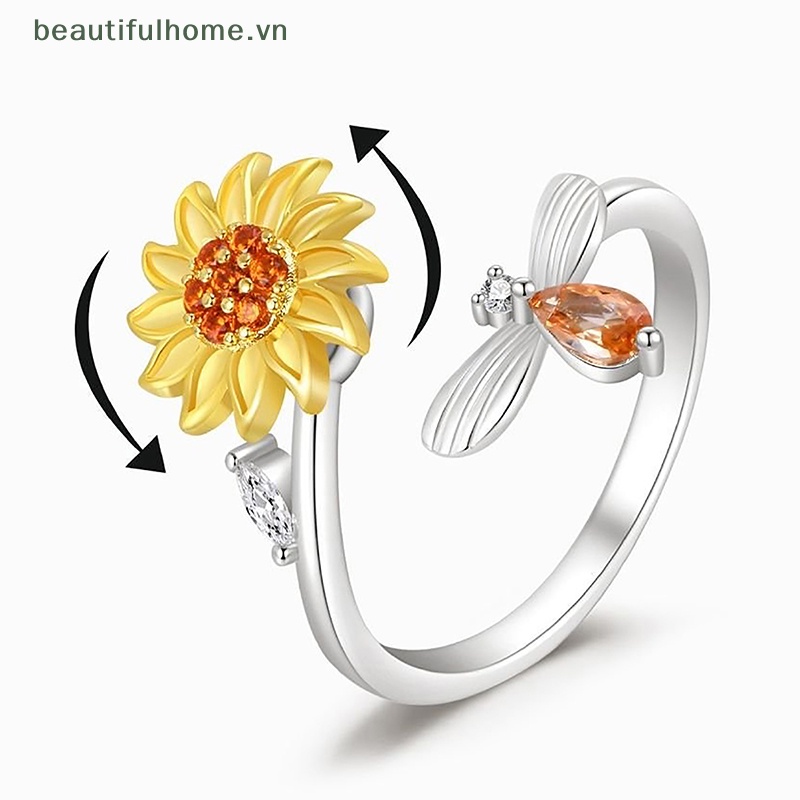Nhẫn Mở Hình Hoa Hướng Dương / Ong Bằng Đồng Zircon Xoay Được Giúp Giảm Căng Thẳng Điều Chỉnh Được Thời Trang Cho Nữ [beauty]