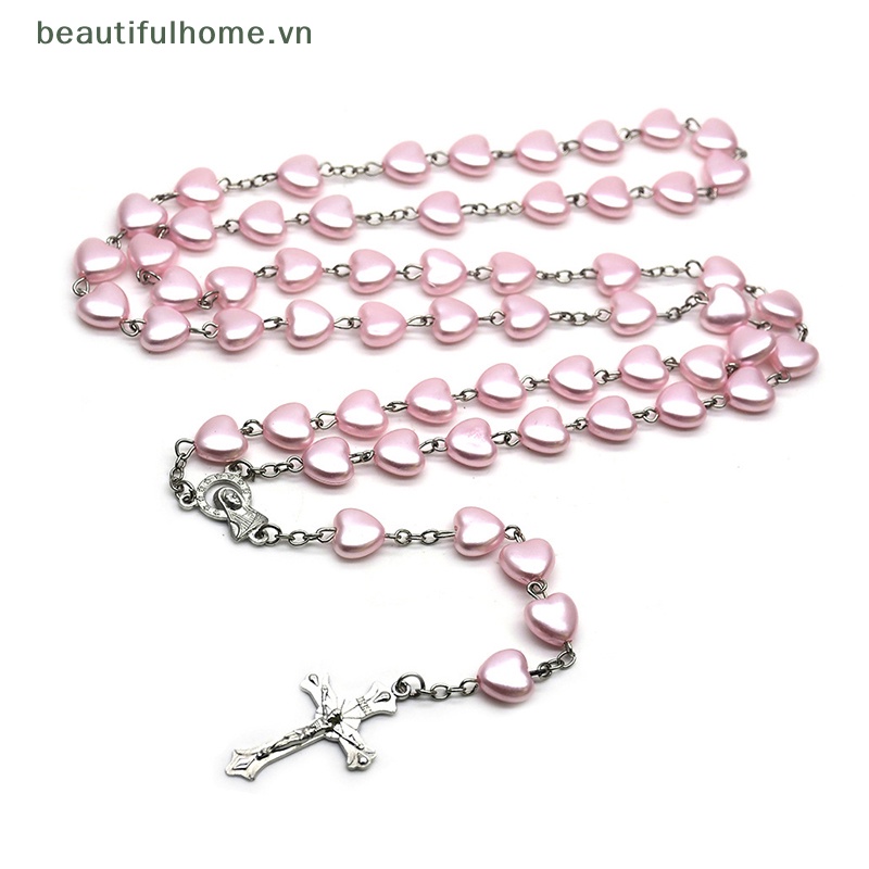 [beautifulhome] Vòng cổ Chuỗi Hạt Mặt Thánh Giá Màu Hồng Thời Trang [beauty]