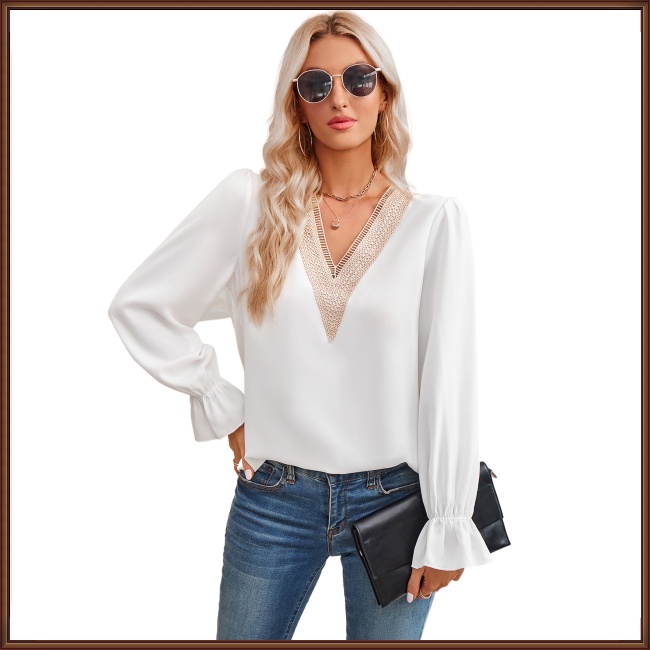Áo Kiểu Tay Dài Cổ Chữ V Màu Sắc Thanh Lịch Dành Cho Nữ