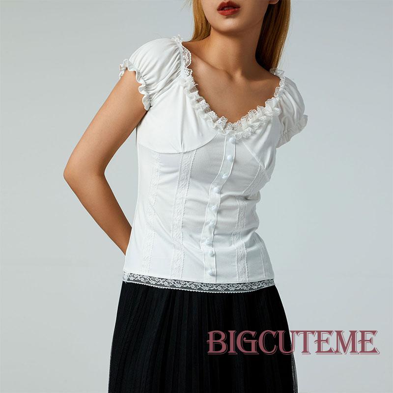 Áo Sơ Mi Mùa Hè Tay Cộc Cổ Chữ V Viền Bèo Nhún Màu Sắc Trơn Trang Trí Nút Cổ Điển Cho Nữ