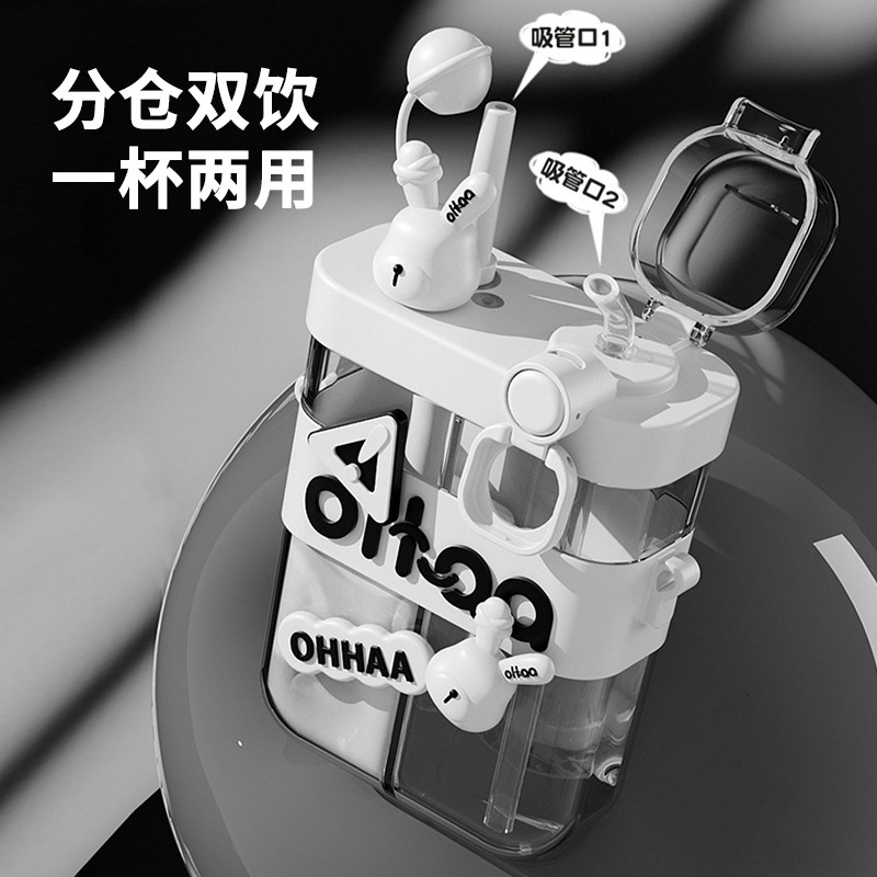 Bình Nước 800ml Hai Ngăn Bằng Nhựa PCTG Họa Tiết Hoạt Hình Dễ Thương