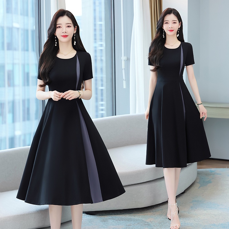 Đầm Đen Tay Ngắn Dáng Lửng Phối Màu Tương Phản Thời Trang Mùa Hè Xinh Xắn Cho Nữ