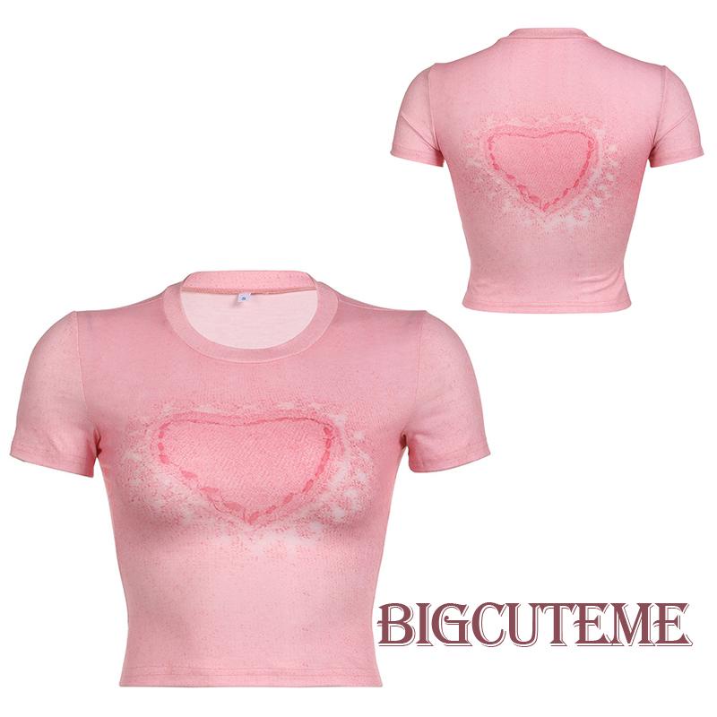 Áo Croptop Tay Ngắn Cổ Tròn In Hình Trái Tim Dễ Thương Cho Nữ