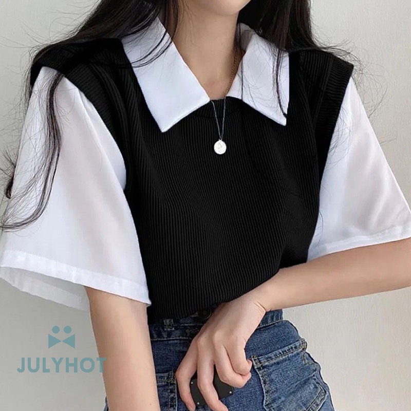 Mùa Hè Mát Mẻ Giả Hai Mảnh Ngắn Tay Áo T-Shirt Preppy Phong Cách Phụ Nữ Ve Áo Lỏng Lẻo Giản Dị T-Shirt VN
