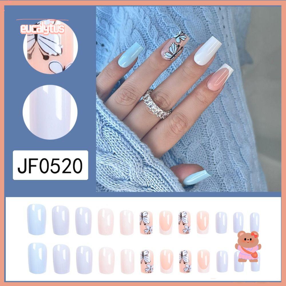 Bộ 24 Móng Tay Giả Màu Trắng Hình Bướm Có Thể Tháo Rời DIY