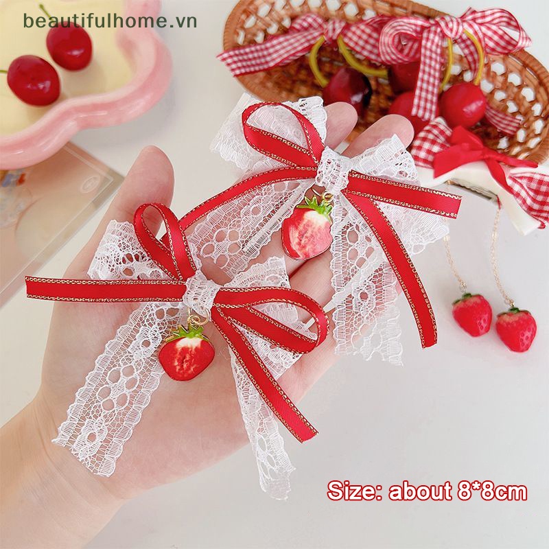 1 Cặp Kẹp Tóc Nơ Vải Ren Hai Lớp Hình Quả Cherry Đỏ Phong Cách Lolita