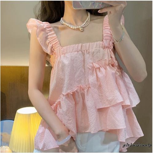 Áo Croptop Tay Phồng Họa Tiết Sọc Caro Ngọt Ngào Thời Trang Mùa Hè Cho Nữ