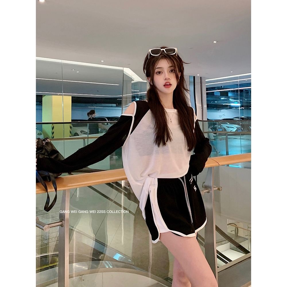 Áo Thun Tay Dài Trễ Vai Mỏng Chống Nắng Phối Màu Tương Phản Thời Trang Mùa Hè Cho Nữ