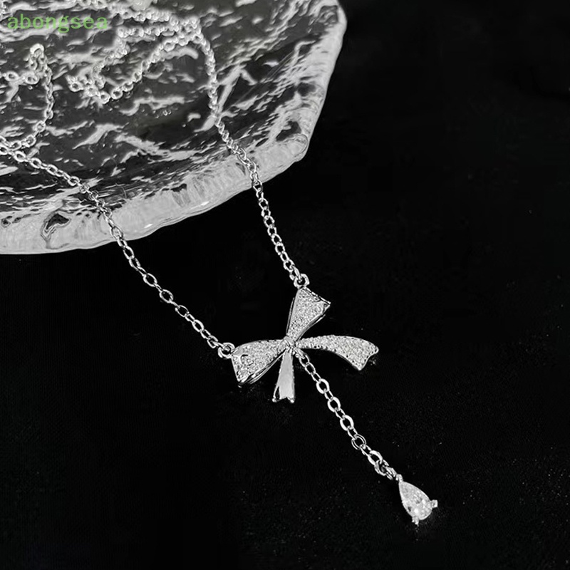 Abongsea Dây Chuyền Mặt Nơ Tua Rua Đính Đá Zircon Thanh Lịch Thời Trang Phong Cách Hàn Quốc Cho Nữ