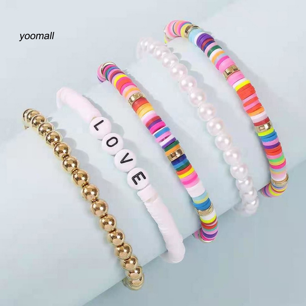 Set 5 Vòng Tay Hạt Đất Sét Polymer Nhiều Màu Sắc In Chữ Love Phong Cách Bohemian