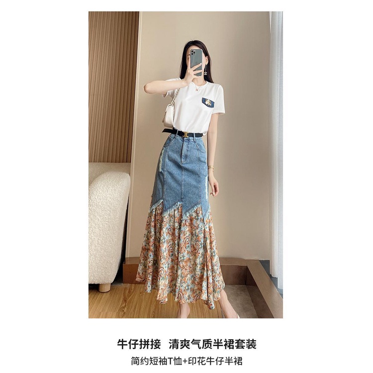 Bộ Áo Thun + Chân Váy Denim Thời Trang Mùa Hè 2022 Mới