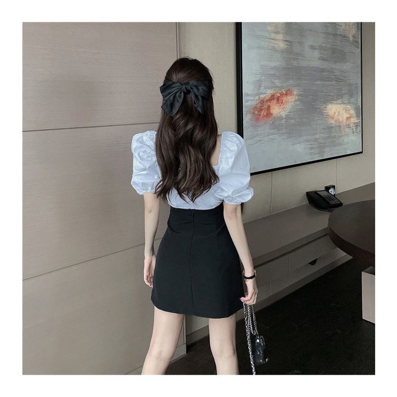 Bộ Áo Tay Phồng Trễ Vai + Chân Váy Ngắn Lệch Tà Thời Trang Mùa Hè 2023 Phong Cách Mới Cho Nữ