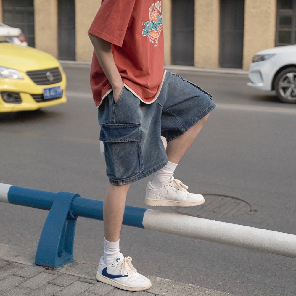 Quần Short Jeans Nhiều Túi Phong Cách Retro Cho Nam