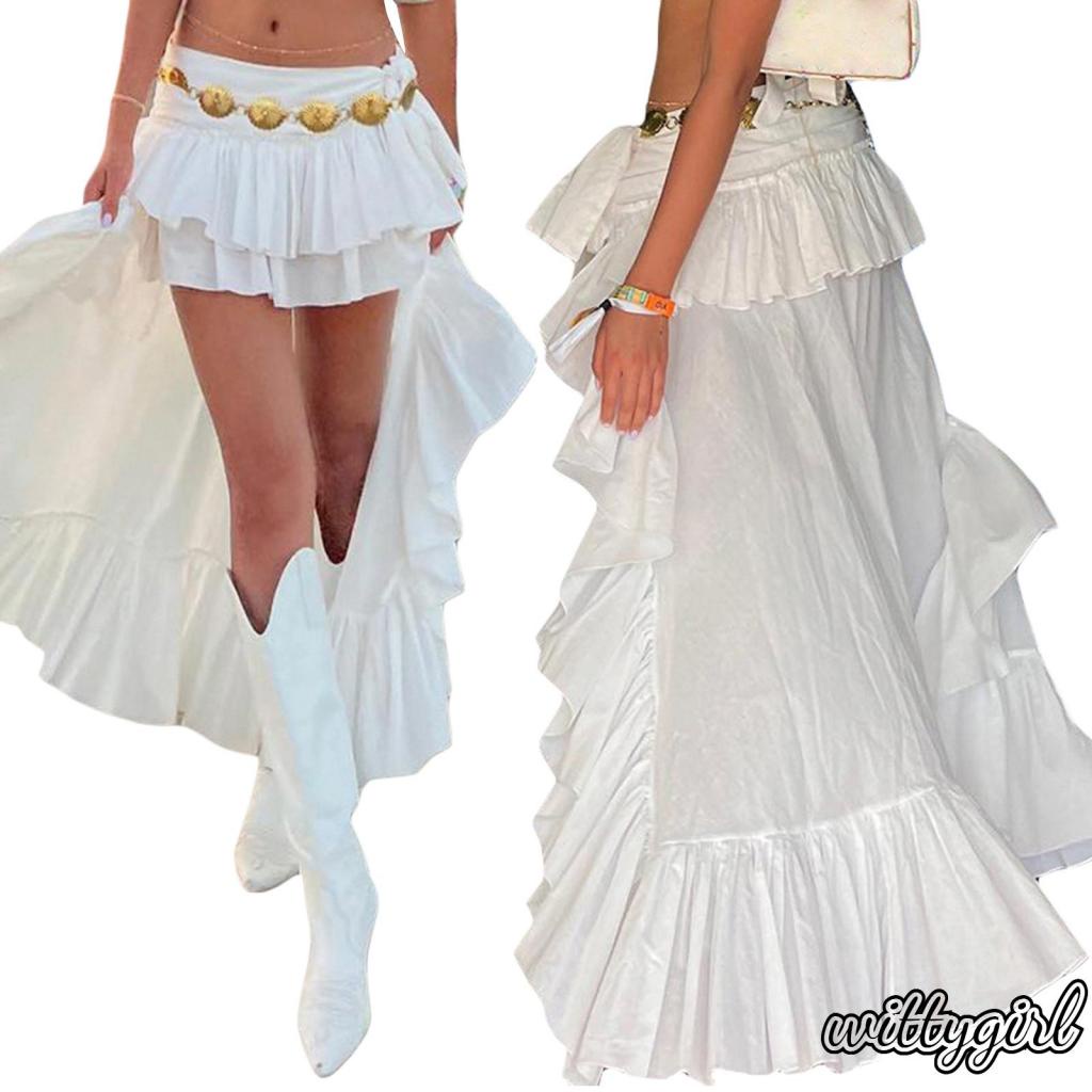 Chân Váy Midi Màu Trắng Lưng Thun Co Giãn Phong Cách Boho Dành Cho Nữ