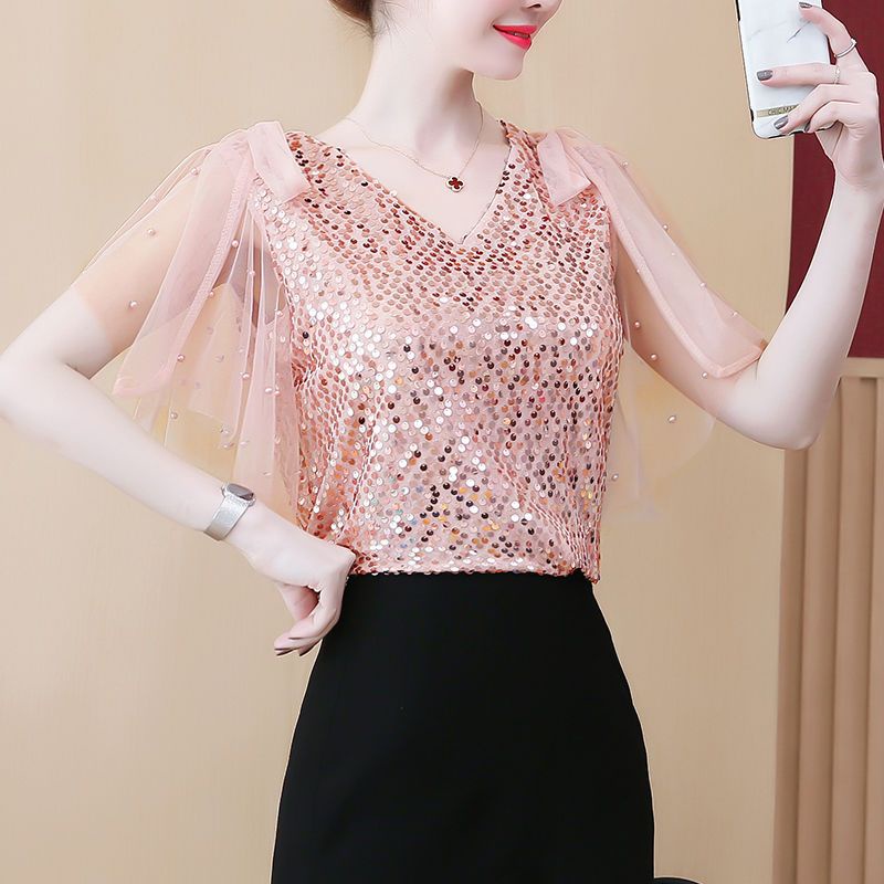 Áo Sơ Mi Chiffon Tay Ngắn Cổ Chữ v Phối Ren Đính Kim Sa Lấp Lánh Thời Trang Mùa Hè Cho Nữ