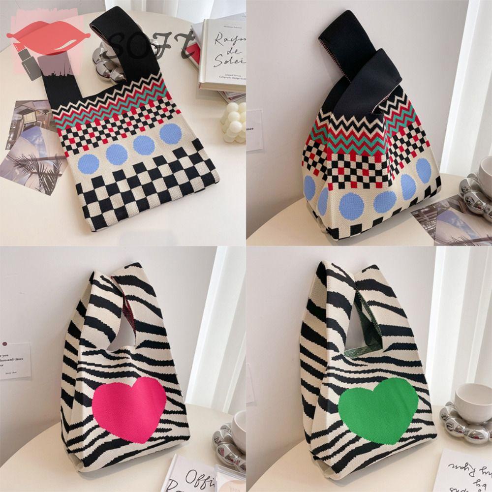 SOFTNESS Túi Xách Đan Len Thủ Công Họa Tiết Trái Tim Dễ Thương Cho Nữ