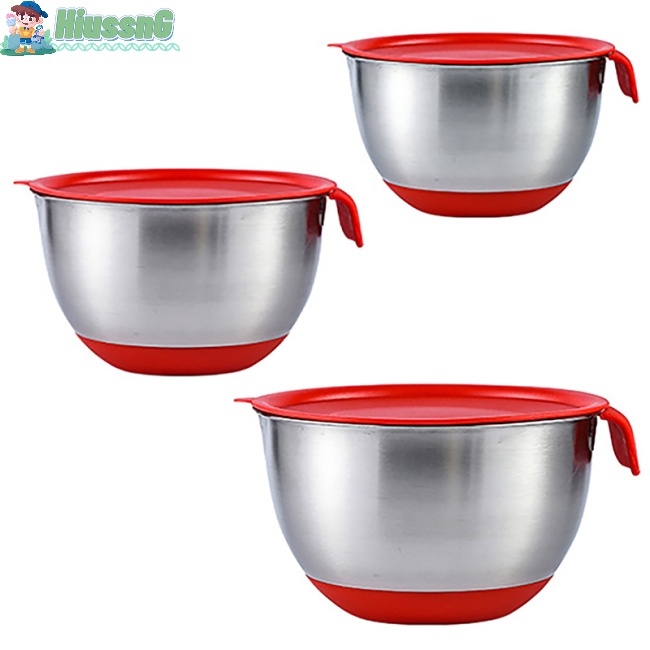 Bát Trộn Trứng / Salad Bằng Thép Không Gỉ Đáy Silicone Chống Trượt Có Tay Cầm Và Nắp Đậy