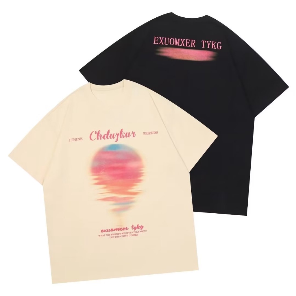 Áo thun cotton YOUTANG ngắn tay in họa tiết hoàng hôn phong cách retro hiphop cho cặp đôi
