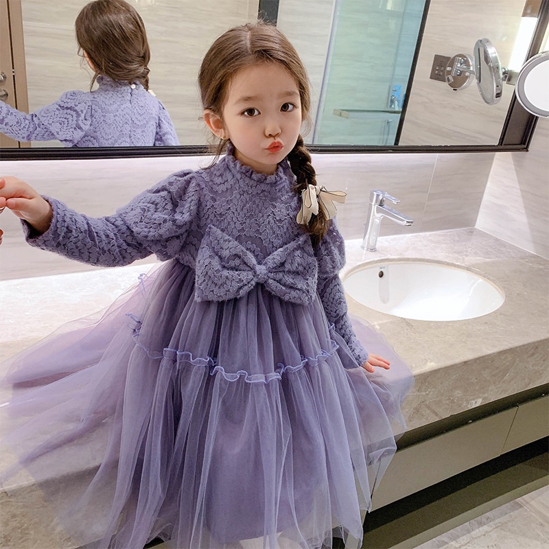 Đầm Dệt Kim Tay Dài Đính Nơ Thời Trang Thu Đông Cho Bé Gái 3-8 Tuổi