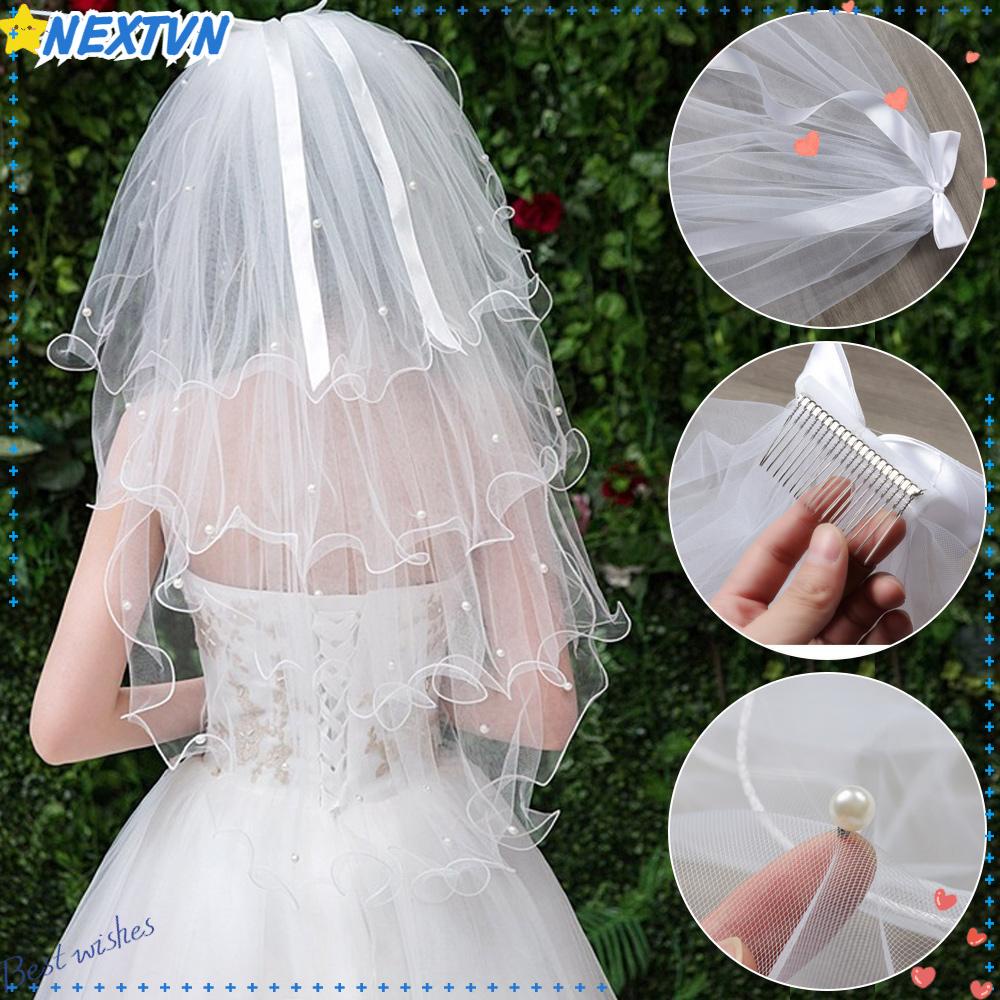 NEXTVN Mạng Che Mặt Hai Lớp Màu Trắng Ngà Cho Cô Dâu Kèm Lược