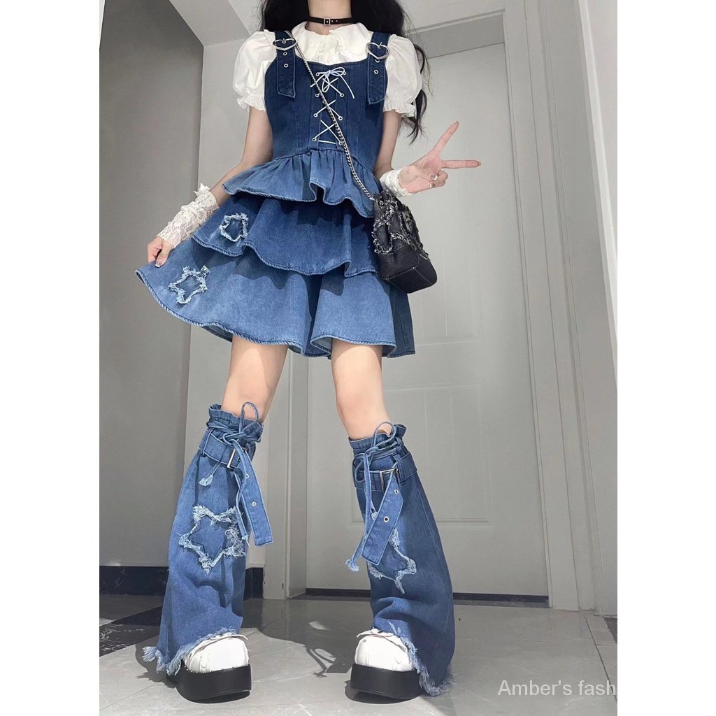 2024 Phong Cách Mới  Ngọt Ngào Cool Hot Girl Thiết Kế Bộ Đồ Denim Váy Mùa Hè Phong Cách Mới Áo Sơ Mi Tay Phồng Dây Đeo Denim Váy Chân Bao ins