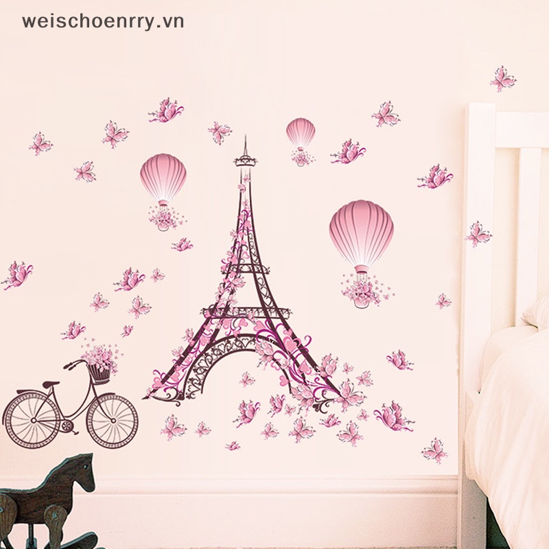 Sticker Dán Tường Hình Tháp Eiffel Và Bướm Hồng Dùng Trang Trí Phòng Khách / Phòng Ngủ