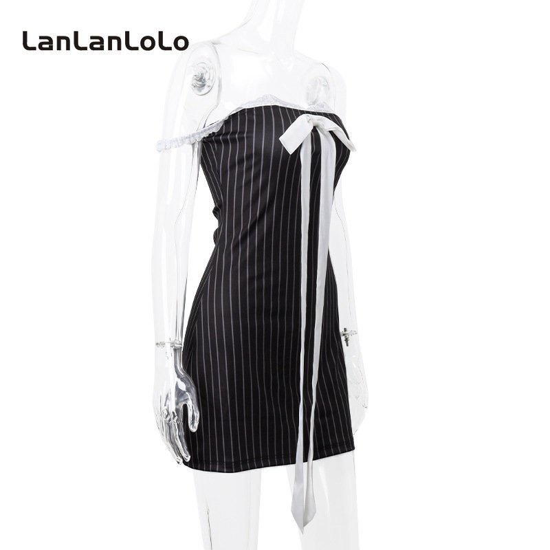 Đầm Trễ Vai Phối Ren Màu Trơn Đính Nơ Ngọt Ngào Thời Trang 2023 Cho Nữ