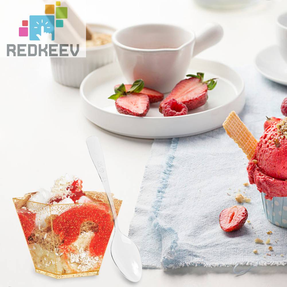 Set 50 Cốc Đựng Kem / Bánh Tráng Miệng Kèm Muỗng Họa Tiết Chấm Bi Xinh Xắn