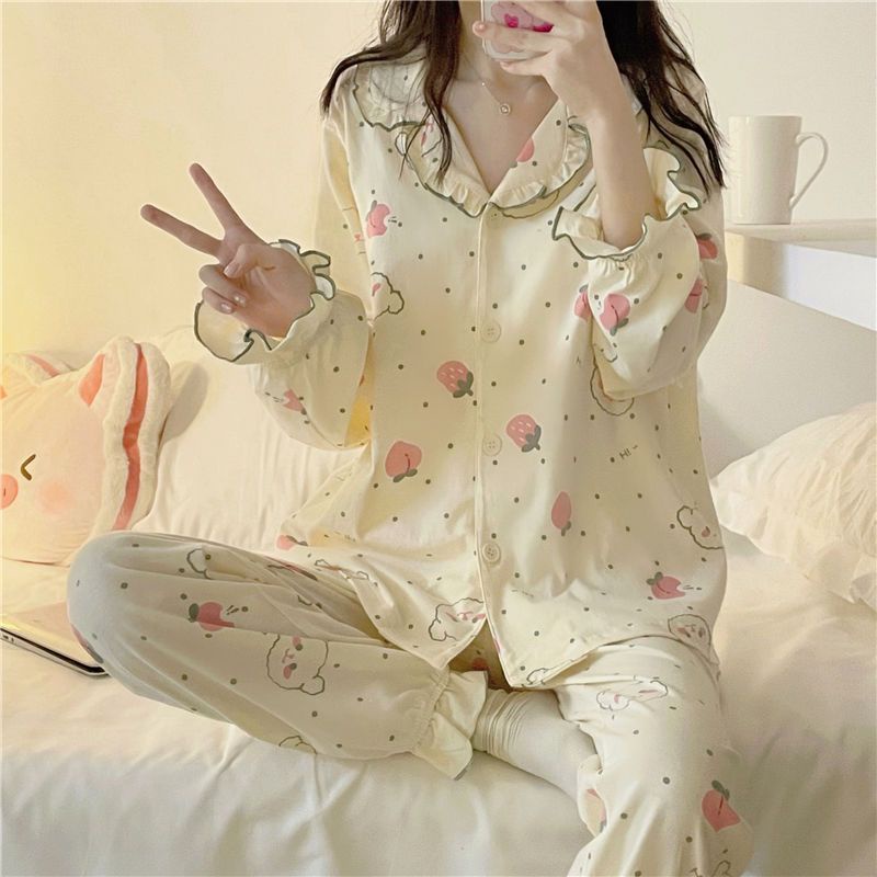 Bộ Đồ Ngủ Tay Dài Phối Bèo In Họa Tiết Hoạt Hình Chú Gấu Dễ Thương Thời Trang Thu Đông Cho Nữ