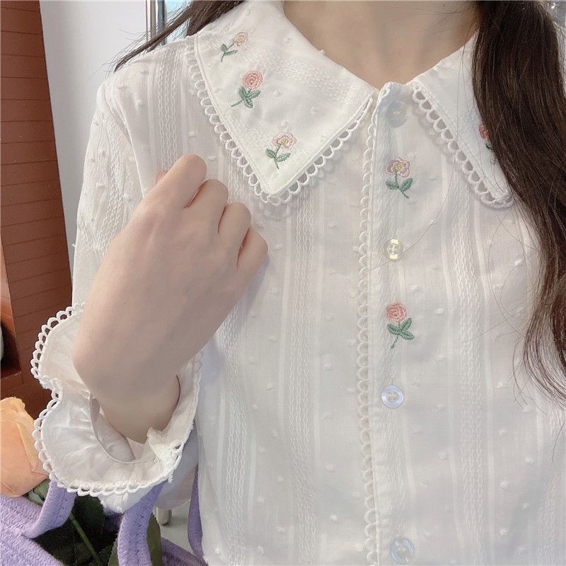 Áo Sơ Mi Cotton Tay Dài Cổ Búp Bê Thêu Họa Tiết Phong Cách Nhật Bản Thời Trang Mùa Xuân Cho Nữ
